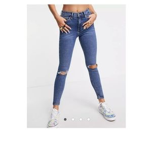 Topshop Jamie double rip jeans in mid blue